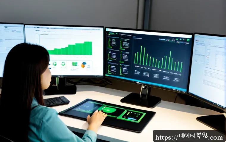 구로구 SESSION_HAS_VALID_VIEWS_ON_EXIT - Photorealistic IT support workstation in a modern Guro digital office, dual monitors showing abstrac...