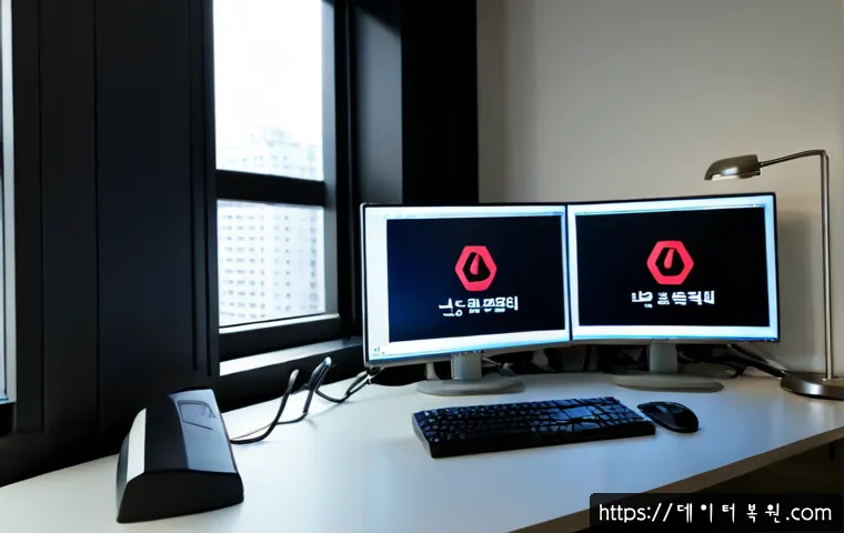 조원동 SYSTEM_LICENSE_VIOLATION - Photorealistic IT support workstation in a compact Jogwon-dong office, dual monitors showing a clean...
