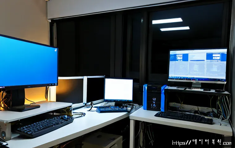 묵정동 DPC_WATCHDOG_VIOLATION - Photorealistic compact PC repair workstation in a Mujeong-dong style urban office, dual monitors sho...