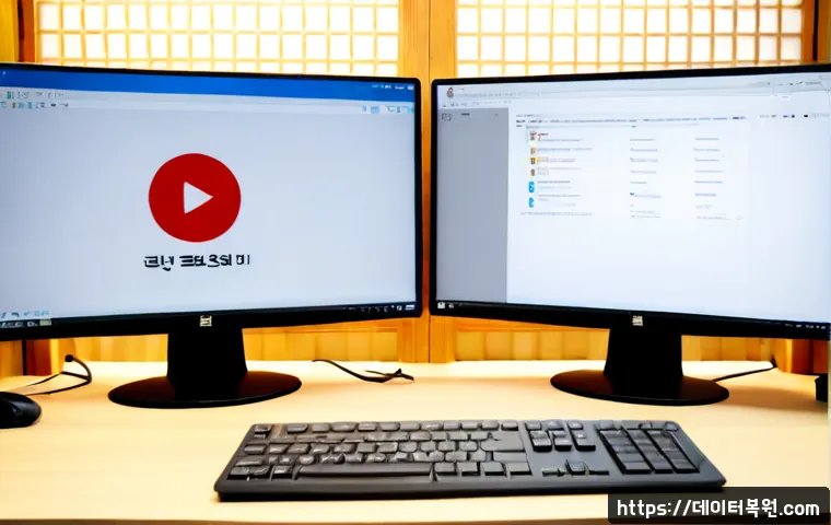 관훈동 STATUS_KERNEL_BOOT_DRIVE_ERROR - Photorealistic IT support workstation in Gwanhun-dong, Seoul, dual monitors showing a minimal blank ...