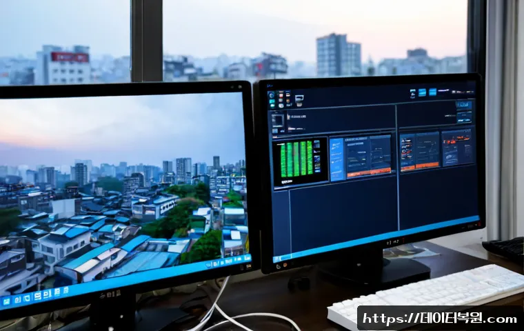 용강동 STATUS_KERNEL_CONNECTION_TIMEOUT - Photorealistic IT support workstation in a compact Yonggang-dong apartment office, dual monitors sho...