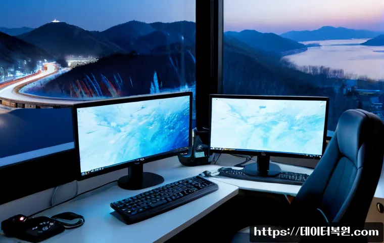 동빙고동 SYSTEM_THREAD_EXCEPTION_NOT_HANDLED - Photorealistic IT support workstation in a quiet Dongbinggo-dong apartment office, dual monitors sho...