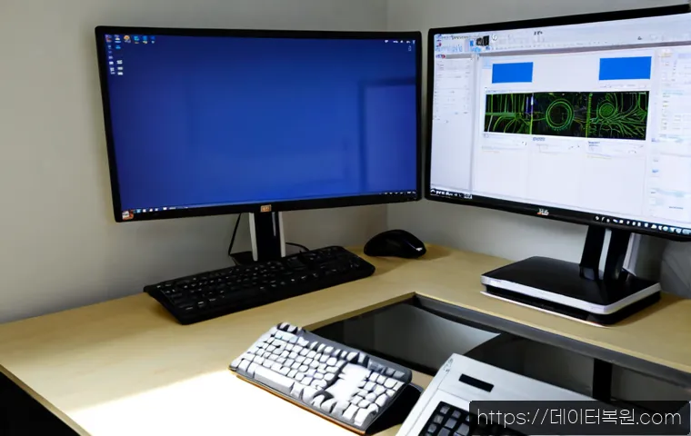 원문동 IO1_INITIALIZATION_FAILED - Photorealistic engineering workstation in a compact apartment office, dual blank monitors showing ab...