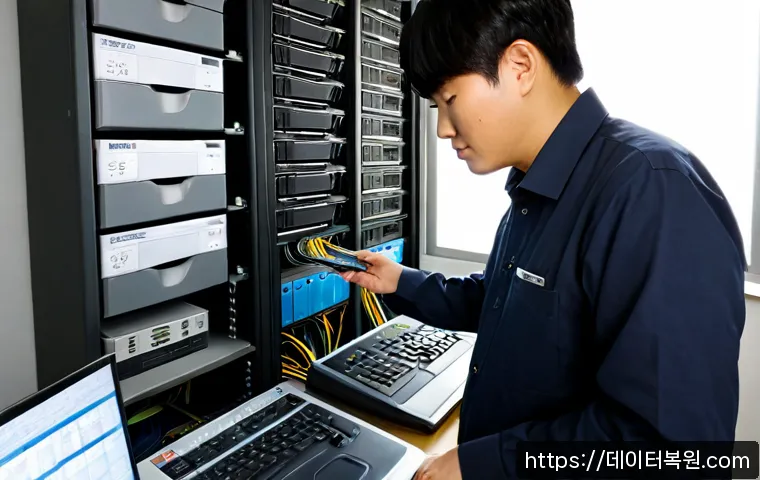 삼각동 파일서버출장방문수리점 - Photorealistic onsite file server repair in a compact Samgak-dong accounting office, technician conn...