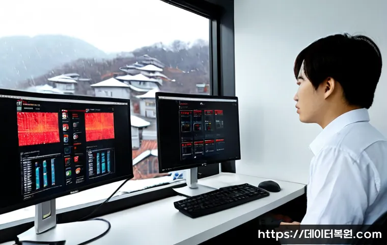 삼선동 STATUS_STACK_BUFFER_OVERRUN - Photorealistic IT support workstation in a compact hillside Seoul office, dual monitors showing a fr...