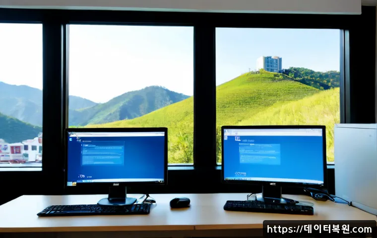 장위동 STATUS_KERNEL_MODE_EXCEPTION - Photorealistic IT support workstation in a compact apartment office, dual monitors showing a blank b...