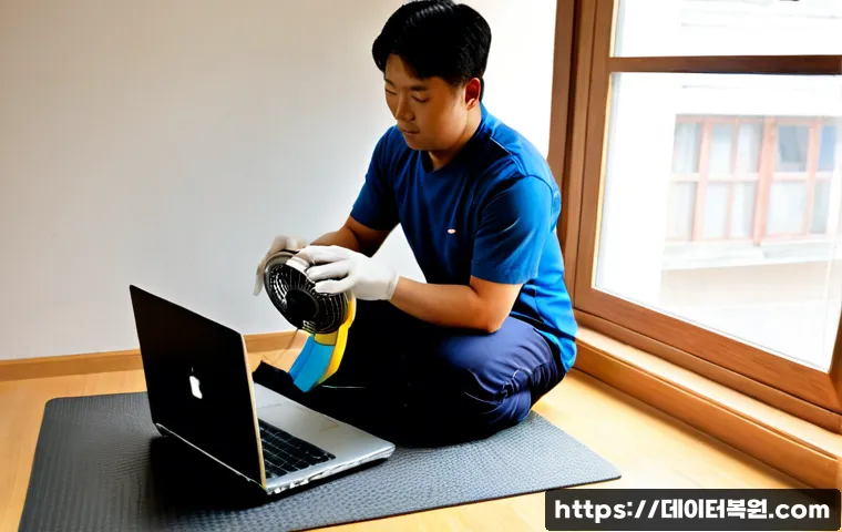 서림동 노트북 laptop 출장방문수리점 - Photorealistic onsite laptop repair in a compact apartment workspace, skilled technician replacing a...