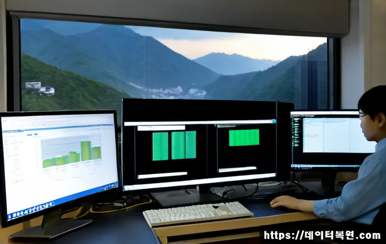 강북구 PFN_LIST_CORRUPT - Photorealistic IT support workstation in a Gangbuk-gu apartment office, dual monitors showing a gene...