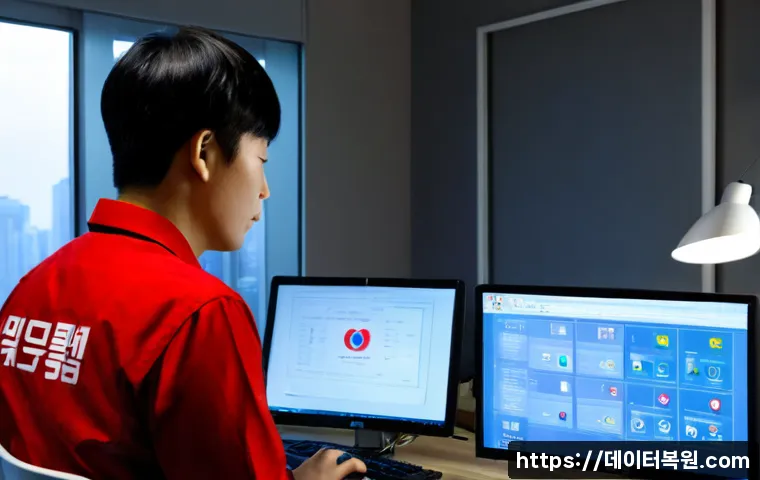 학온동 STATUS_RESOURCE_NOT_OWNED - Photorealistic IT support workstation in a compact modern office, engineer studying a desktop system...