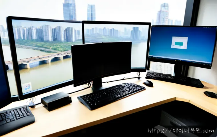 풍납동 UDFS_FILE_SYSTEM - Photorealistic IT support workstation in a compact Pungnap-dong office, dual monitors showing a clea...