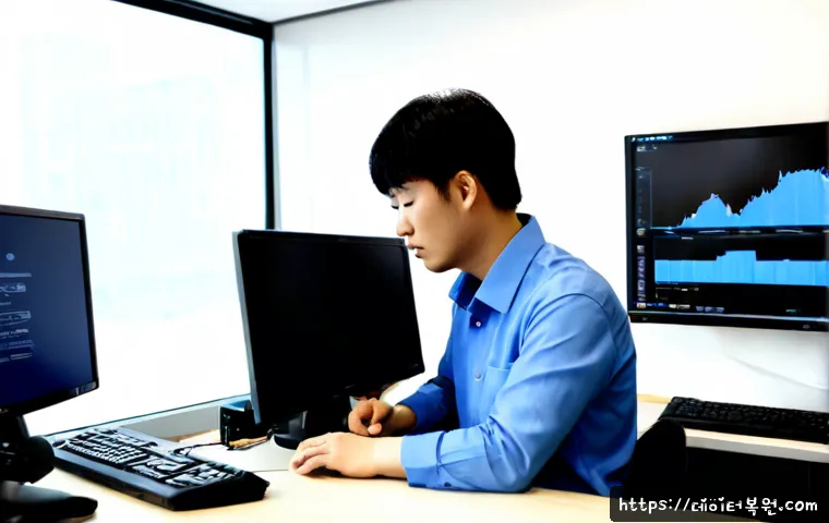 관철동 STATUS_KERNEL_MODULE_FAILURE - Photorealistic IT support workstation in a compact Jongno office near Gwancheol-dong, dual monitors ...
