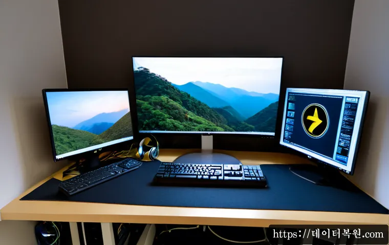 예장동 STATUS_DISK_READ_FAILURE - Photorealistic IT support workstation in a compact hillside office near Yejang-dong, dual monitors s...