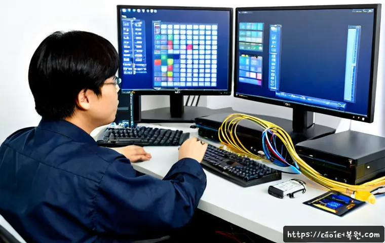 노량진 FAT32_FILE_SYSTEM - Photorealistic IT support workstation in a compact Noryangjin-style office, dual monitors showing a ...