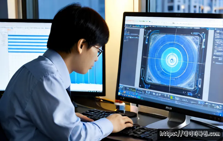 왕십리 UNEXPECTED_KERNEL_MODE_TRAP - Photorealistic IT support workstation in Wangsimni, Seoul, dual monitors showing abstract blue syste...