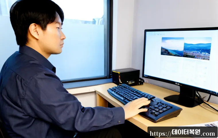 혜화동 윈도우7 windows7 재설치 포맷 초기화 - Photorealistic desktop support scene in a compact Hyehwa-dong studio office, technician reinstalling...