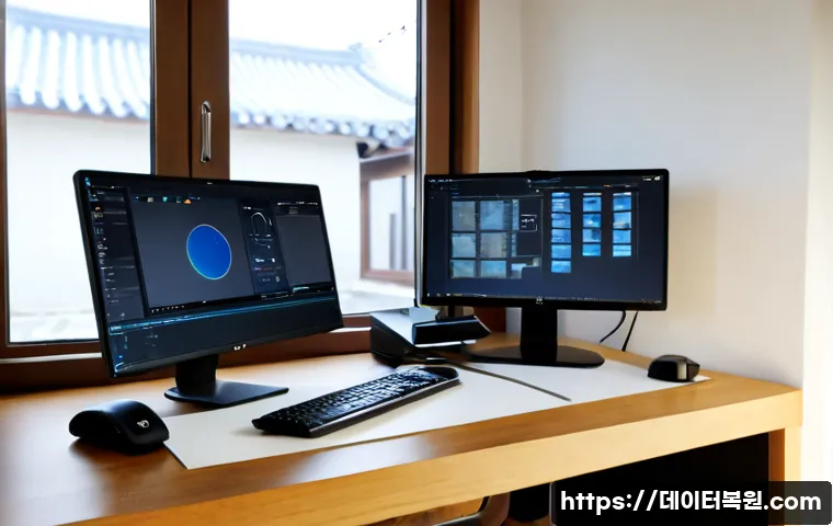 누하동 STATUS_PRIVILEGED_INSTRUCTION - Photorealistic remote-support workstation in a quiet Nuha-dong townhouse office, dual monitors showi...