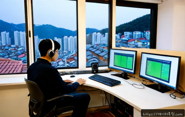 무학동 STATUS_PRIVILEGED_INSTRUCTION - Photorealistic remote-support workstation in a compact hillside Seoul apartment, dual monitors showi...