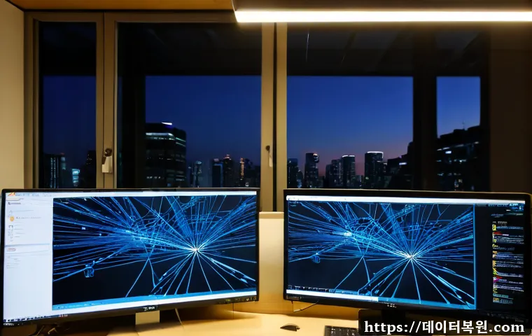 관철동 SYSTEM_LICENSE_VIOLATION - Photorealistic IT support workstation in a compact Jongno office, dual monitors showing a clean abst...