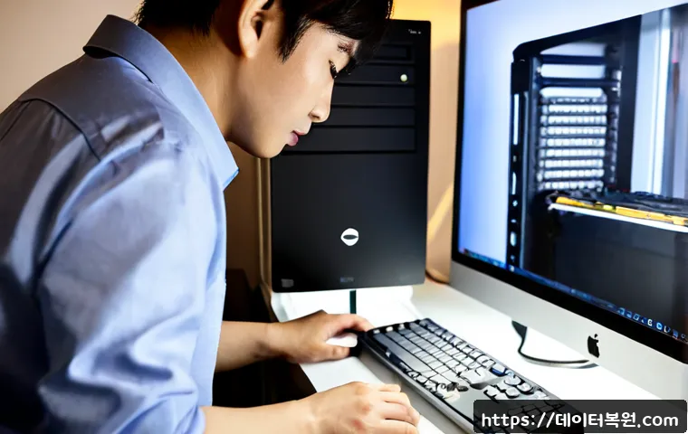 합정동 bootdevice - Photorealistic IT technician at a compact desktop workstation, carefully connecting a bootable exter...