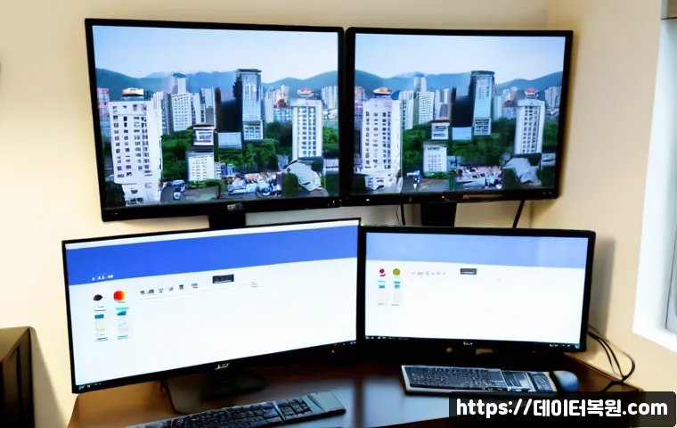흥도동 STATUS_INVALID_IMAGE_FORMAT - Photorealistic IT support workstation in a compact Korean neighborhood office, dual monitors showing...