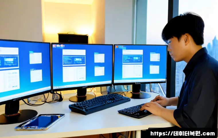 장위동 IRQL_NOT_LESS_OR_EQUAL - Photorealistic IT support workstation in a compact Jangwi-dong apartment office, dual monitors showi...