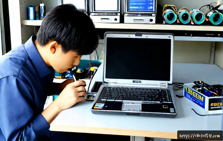 식사동 맥북프로 판매 및 수리 - Photorealistic electronics service desk in a quiet Ilsan residential commercial area, unbranded silv...