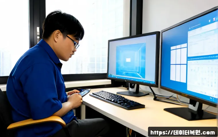 풍동 KERNEL_DATA_INPAGE_ERROR - Photorealistic IT support workstation in a modern Pungdong apartment office, dual monitors showing a...