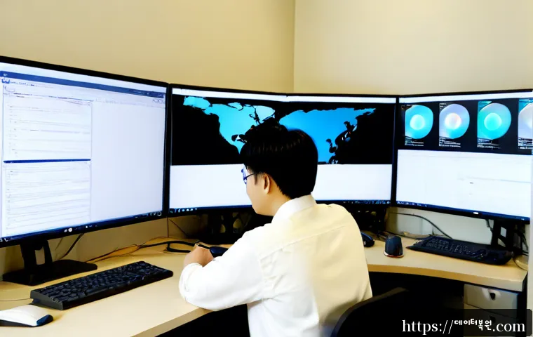 북창동 REGISTRY_ERROR - Photorealistic IT support workstation in a compact downtown Seoul office near Bukchang-dong, dual mo...