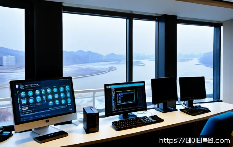 옥수동 STATUS_KERNEL_MODULE_FAILURE - Photorealistic remote IT support workstation in a high-rise apartment overlooking the Han River near...