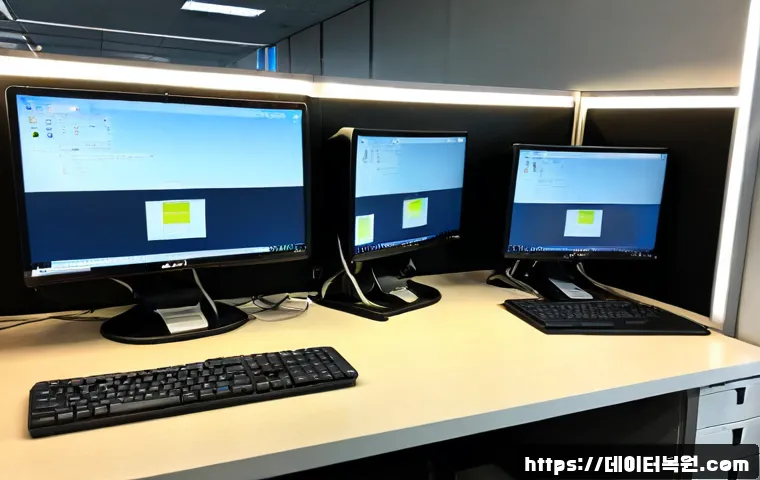 가락동 STATUS_FILE_READ_FAILURE - Photorealistic IT support workstation in Garak-dong wholesale market office, dual monitors showing a...