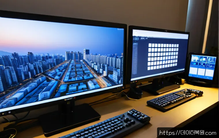 청량리동 VIDEO_MEMORY_MANAGEMENT_INTERNAL - Photorealistic remote-support workstation in Cheongnyangni-dong, dual monitors showing a complex 3D ...