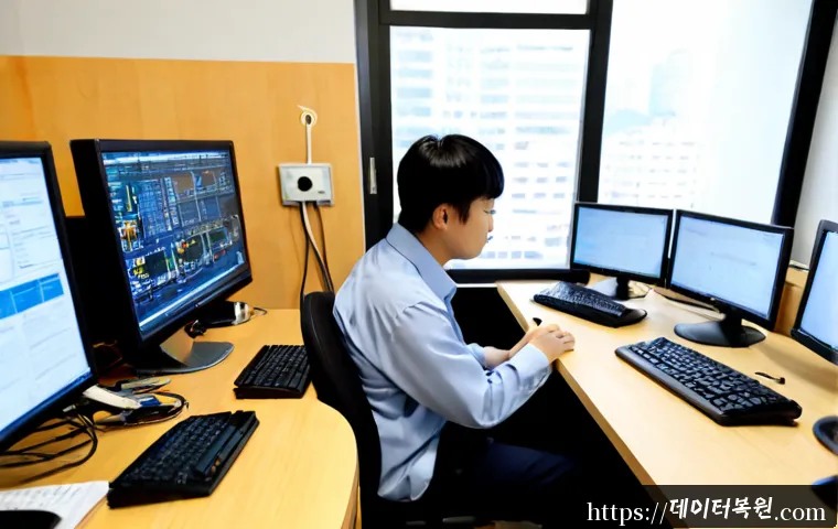 창전동 STATUS_DISK_READ_FAILURE - Photorealistic IT support workstation in Changjeon-dong, Seoul, open desktop tower with a failed har...