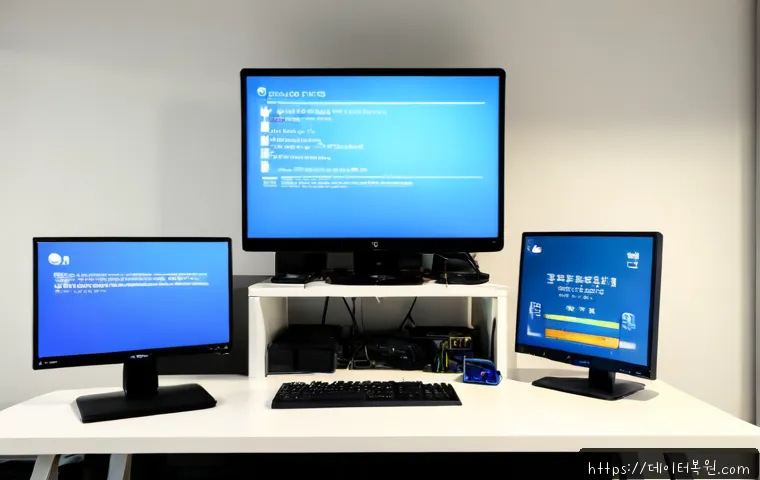 왕십리 STATUS_KERNEL_BOOT_FAILURE - Photorealistic IT support workstation in a modern apartment office near Wangsimni, dual monitors sho...