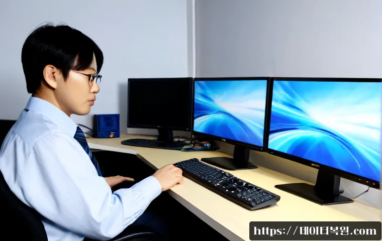 대치동 DRIVER_PORTION_MUST_BE_NONPAGED - Photorealistic IT support workstation in a polished Daechi-dong tutoring office, dual monitors showi...
