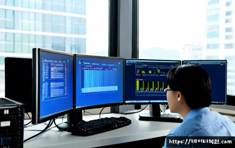 가락동 KERNEL_SECURITY_CHECK_FAILURE - Photorealistic IT support workstation in Garak-dong, dual monitors showing a blank deep-blue system ...