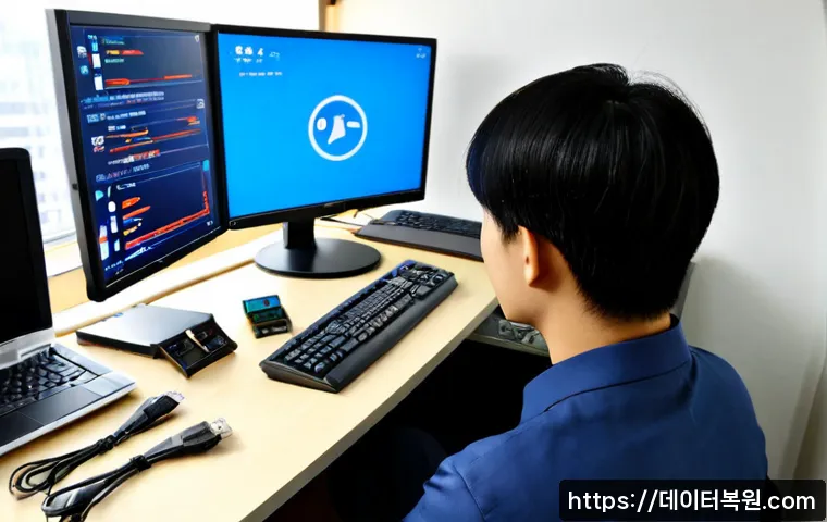 내자동 WHEA_UNCORRECTABLE_ERROR - Photorealistic remote IT support scene in a compact Naeja-dong office, desktop workstation displayin...