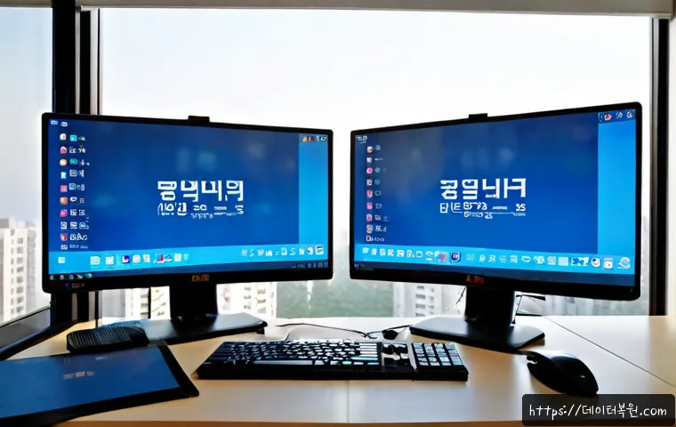 오곡동 STATUS_KERNEL_REGISTRY_ERROR - Photorealistic IT support workstation in a quiet Ogok-dong office, dual monitors showing a blank blu...