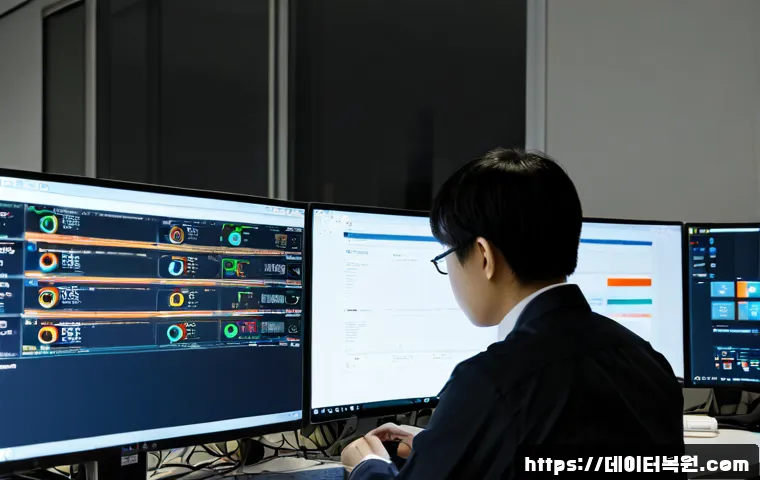 합동 STATUS_MODULE_CORRUPTION - Photorealistic IT support workstation in a modern Seoul office, dual monitors showing a corrupted st...