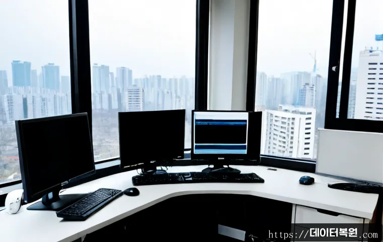 상계동 STATUS_SYSTEM_PROCESS_TERMINATED - Photorealistic remote-support workstation in a high-rise apartment near Sanggye-dong, dual monitors ...