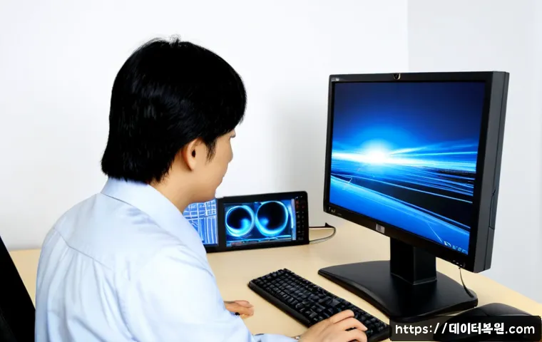 송포동 STATUS_KERNEL_FILE_SYSTEM_ERROR - Photorealistic IT support workstation in a modern Songpo district office, desktop monitor showing a ...