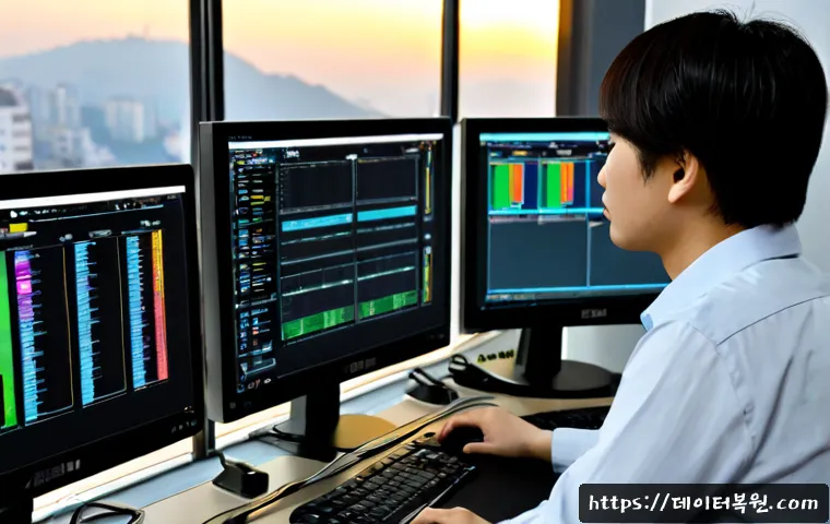 명동 SYSTEM_THREAD_EXCEPTION_NOT_HANDLED - Photorealistic IT support workstation in a compact Myeongdong office, dual monitors showing abstract...