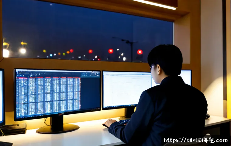 수색동 STATUS_SYSTEM_FILE_MISSING - Photorealistic IT support workstation in a compact Susaek-dong office, dual monitors showing a minim...