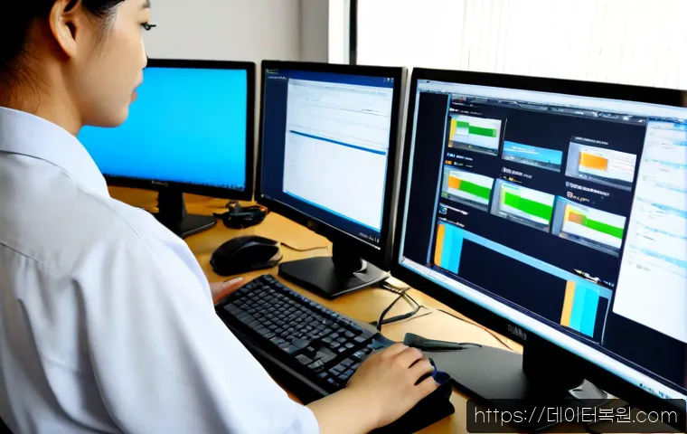 신문로 STATUS_FILE_NOT_FOUND - Photorealistic desktop support workstation in a quiet Sinmun-ro office, dual monitors showing an abs...
