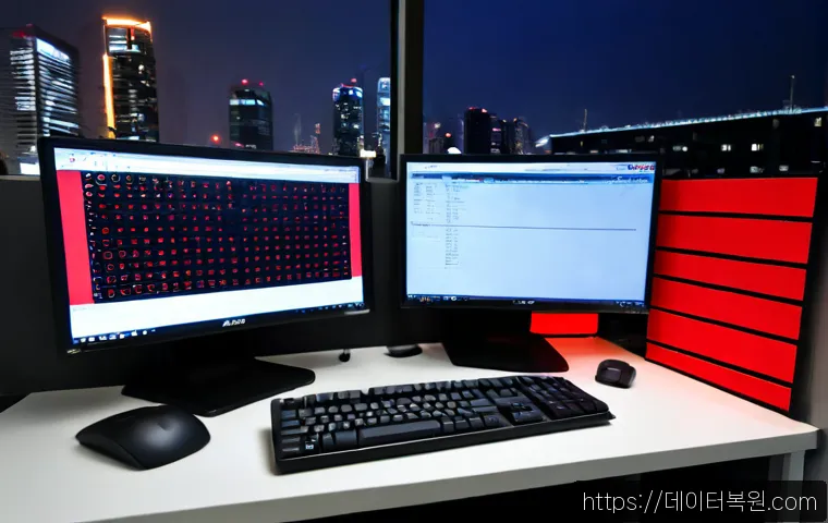 상면 STATUS_MEMORY_VIOLATION - Photorealistic modern office workstation in Sangam, Seoul, dual monitors displaying a clean abstract...