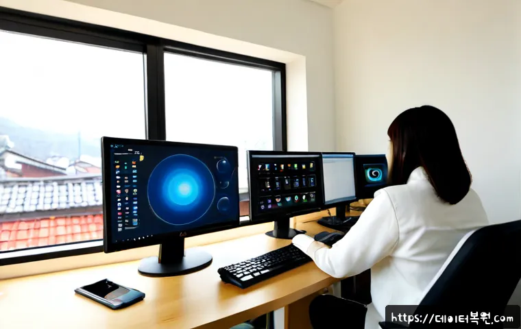 체부동 Press Ctrl Alt Del to restart - Photorealistic IT support workstation in a compact Seochon office near Chebu-dong, designer facing a...