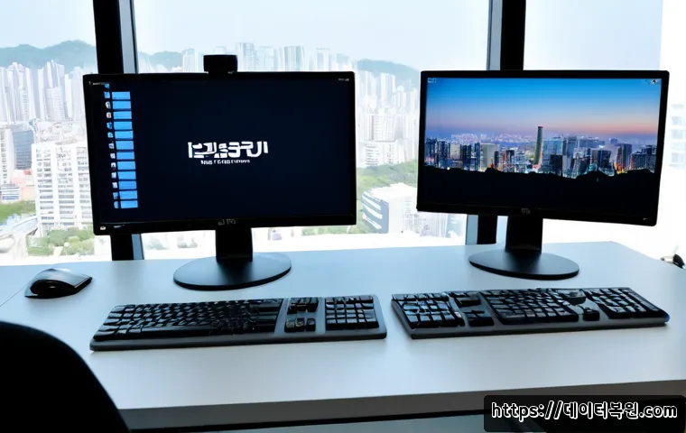 하안동 PFN_LIST_CORRUPT - Photorealistic IT support workstation in a modern apartment office in Haan-dong, dual monitors showi...