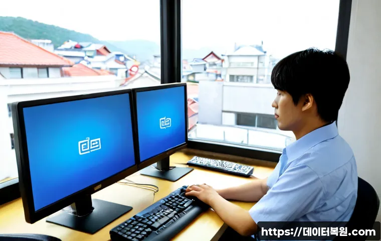 응암동 NDIS_INTERNAL_ERROR - Photorealistic remote-support workstation in a compact apartment office, dual monitors showing a bla...