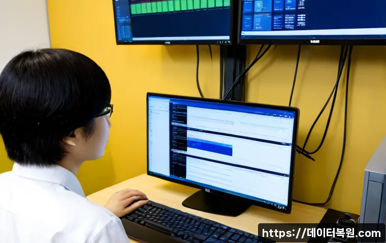 의주로 POOL_CORRUPTION_IN_FILE_AREA - Photorealistic IT support workstation in a modern office near an older central Seoul boulevard, dual...