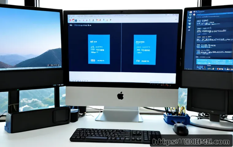 예장동 BAD_SYSTEM_CONFIG_INFO - Photorealistic computer repair workstation in a compact Yejang-dong office, dual monitors showing a ...