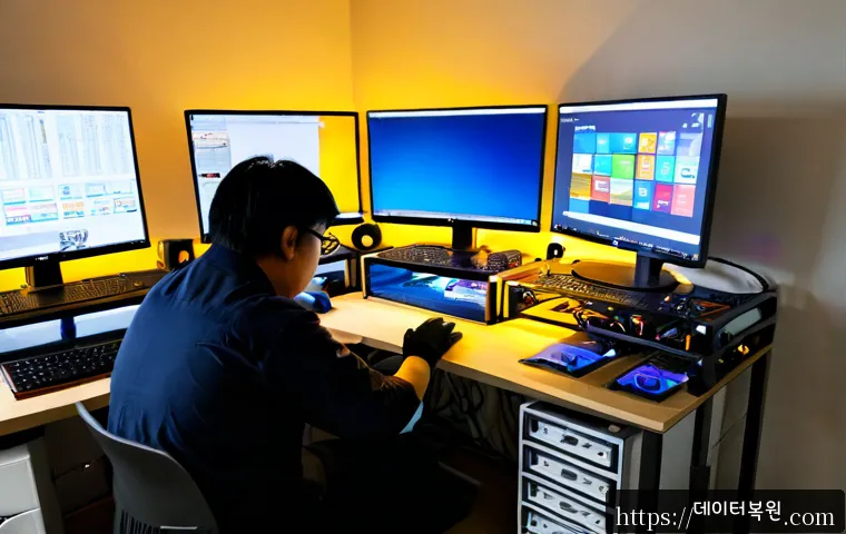 삼전동 VGA조립 및 교체수리 - Photorealistic computer repair bench in a compact Samjeon-dong office studio, technician installing ...